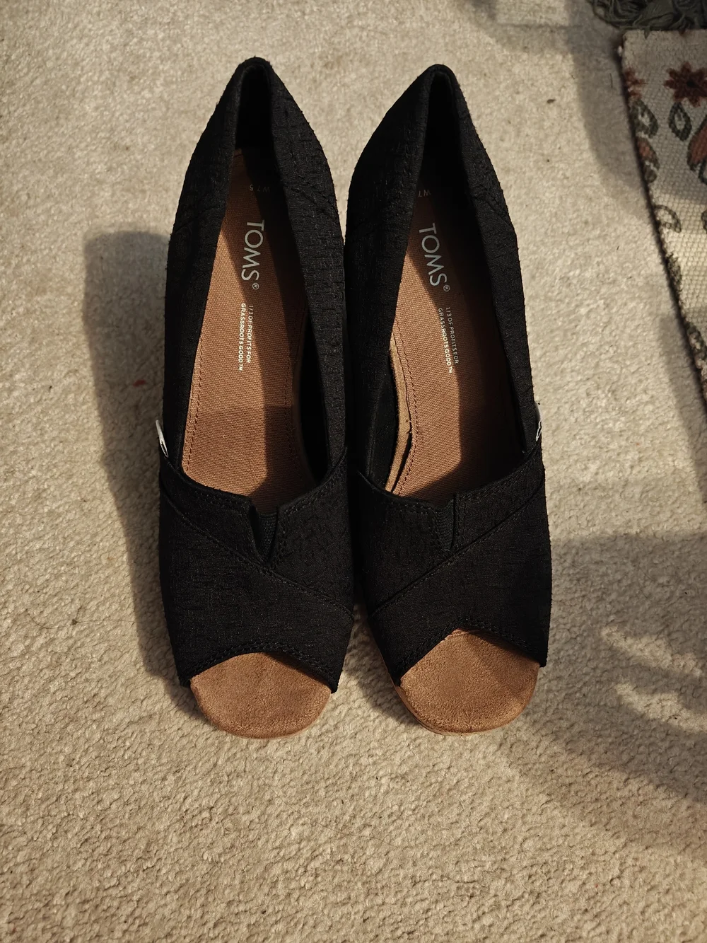 TOMS Black Cork Wedge Peep-Toe Women’s Shoes